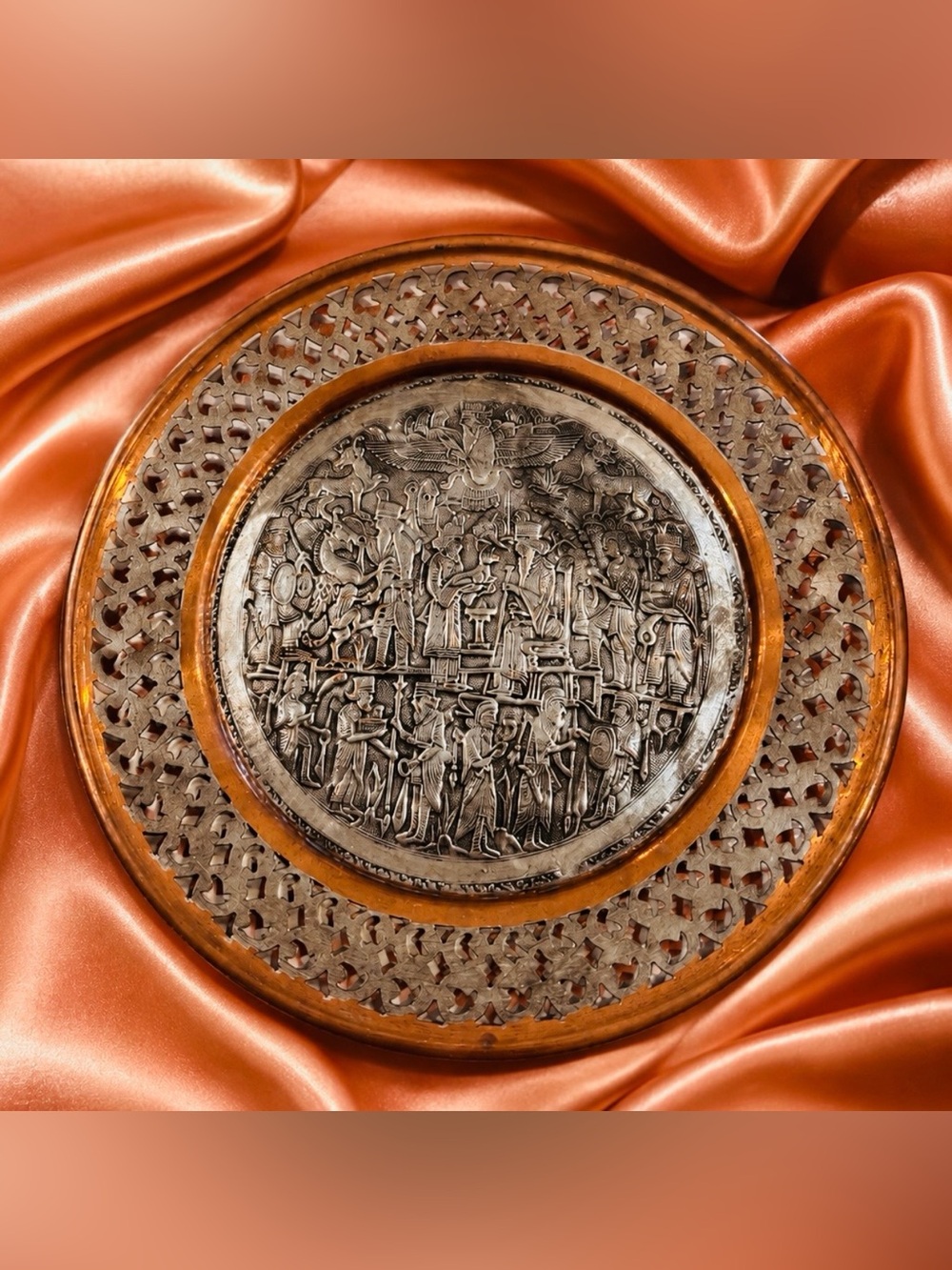 LRG Original Fine Art Vintage Iran Iraq Persian Display Plate RARE Copper Silver - Picture 9 of 13